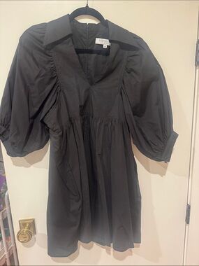 HUNTER BELL Black Puff-Sleeve V-Neck Mini Dress